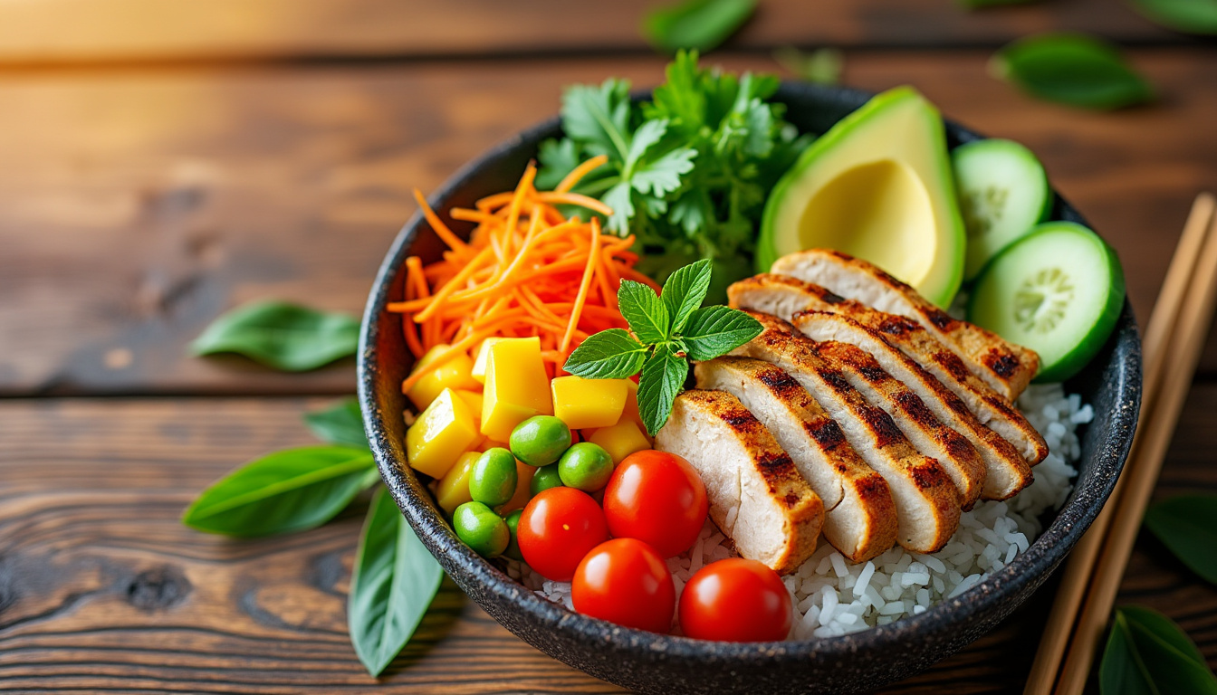découvrez une recette légère et savoureuse de poke bowl au poulet, parfaite pour des soirs d'été frais et colorés.